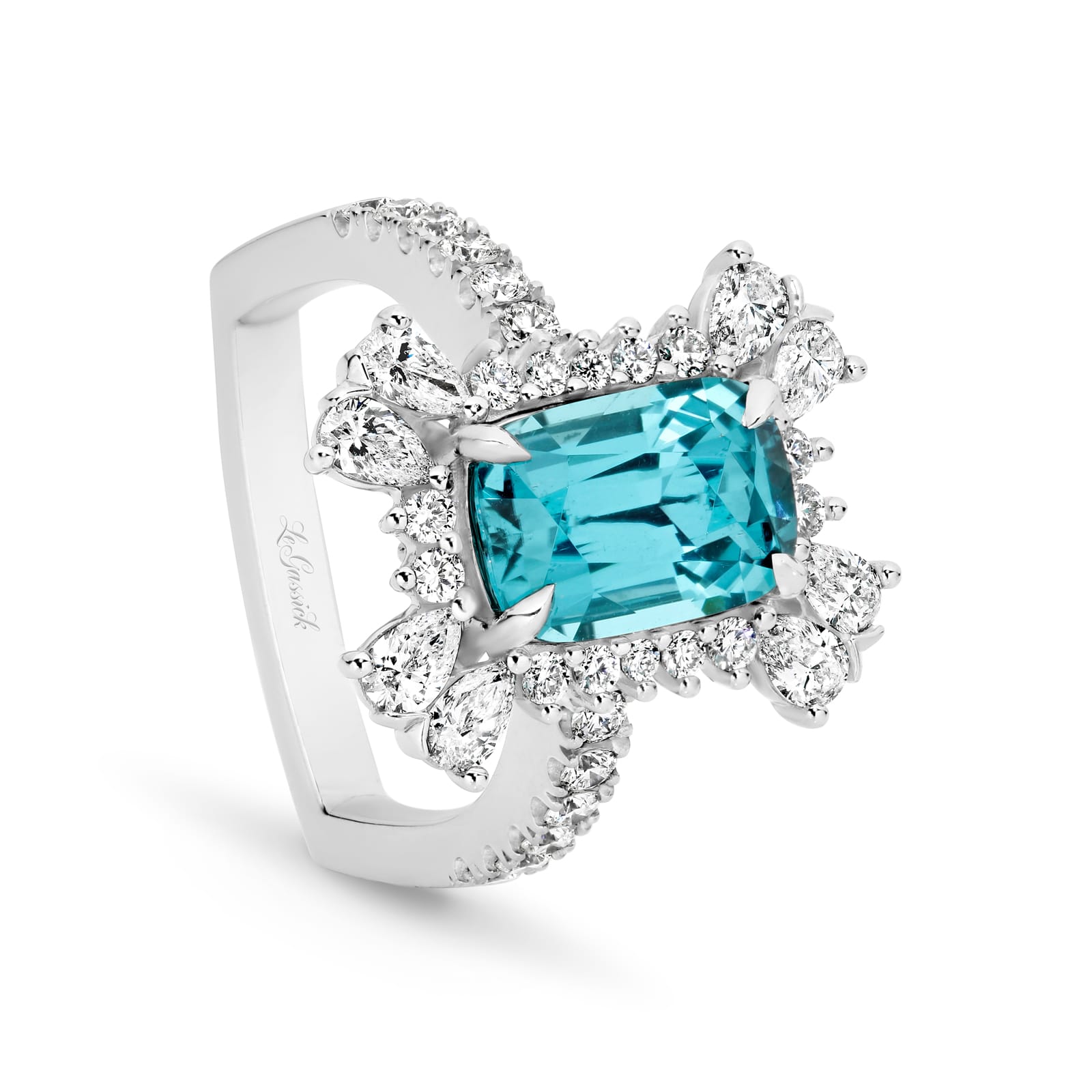 Isla 3.46ct Radiant Cut Neon Indigo Tourmaline Ring part of The Beyond Luxury Collection by LeGassick.