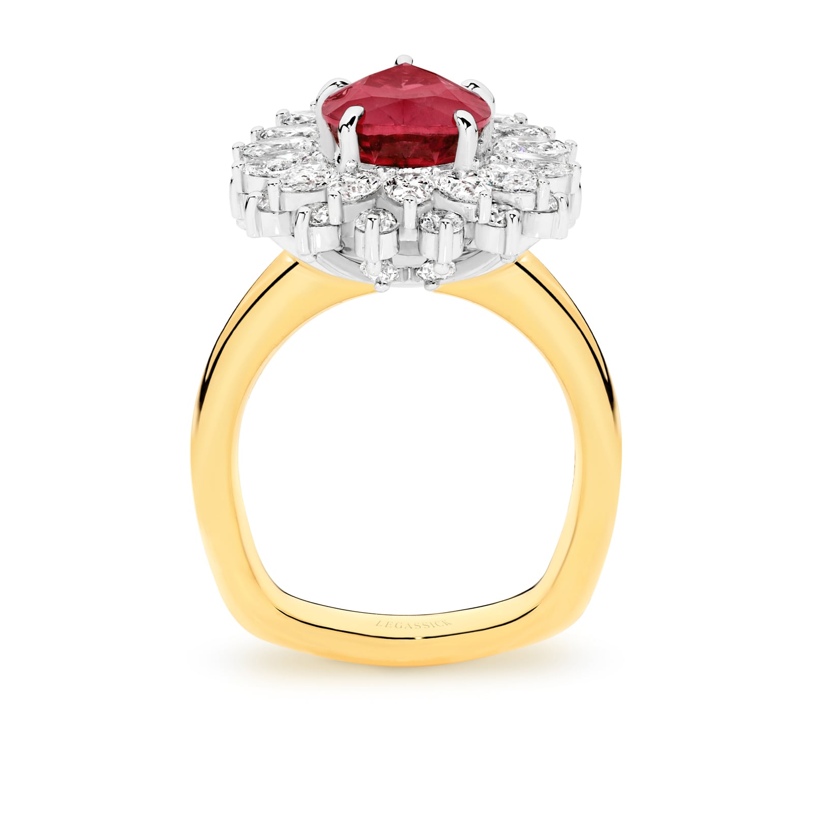 Josephine is a 3.60ct pear-cut Rubellite tourmaline ring embraced by an exquisitely handcrafted pear cut and round brilliant cut diamond halo, set in white and yellow gold. She was designed and handcrafted by LeGassick's Master Jewellers, Gold Coast, Australia.