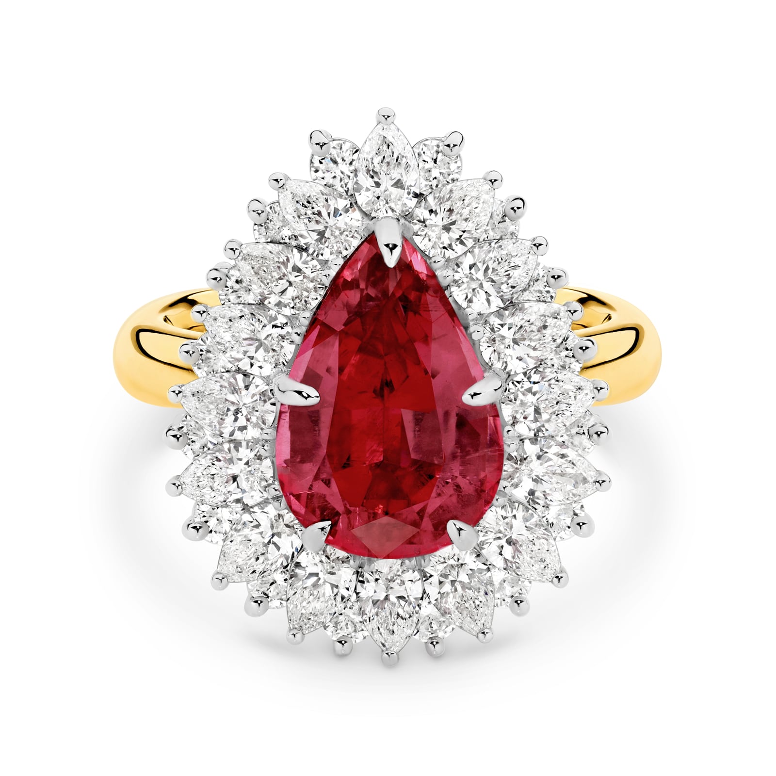 Josephine is a 3.60ct pear-cut Rubellite tourmaline ring embraced by an exquisitely handcrafted pear cut and round brilliant cut diamond halo, set in white and yellow gold. She was designed and handcrafted by LeGassick's Master Jewellers, Gold Coast, Australia.