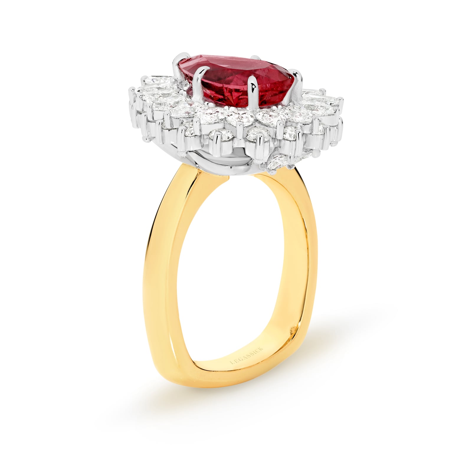 Josephine is a 3.60ct pear-cut Rubellite tourmaline ring embraced by an exquisitely handcrafted pear cut and round brilliant cut diamond halo, set in white and yellow gold. She was designed and handcrafted by LeGassick's Master Jewellers, Gold Coast, Australia.