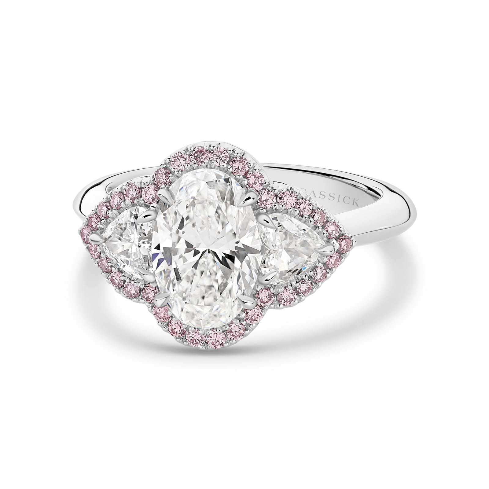 Katerina is a white & pink diamond ring with a 2 carat oval centre stone. She was designed and handcrafted by LeGassick's Master Jewellers, Gold Coast, Australia.