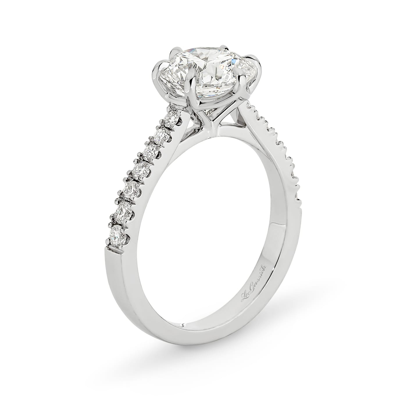 Milena features a 2.01 carat round brilliant cut white diamond at her centre. She is supported with a total of 14 round brilliant cut diamonds down her shoulders. She was designed and handcrafted by LeGassick's Master Jewellers, Gold Coast, Australia.