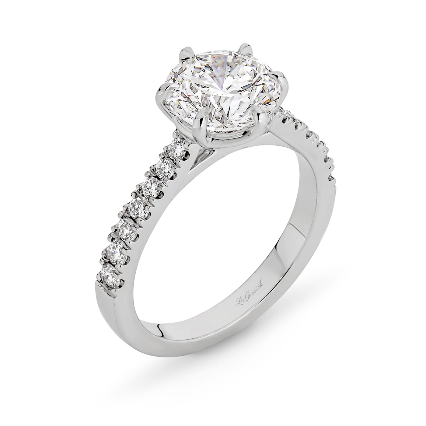 Milena features a 2.01 carat round brilliant cut white diamond at her centre. She is supported with a total of 14 round brilliant cut diamonds down her shoulders. She was designed and handcrafted by LeGassick's Master Jewellers, Gold Coast, Australia.