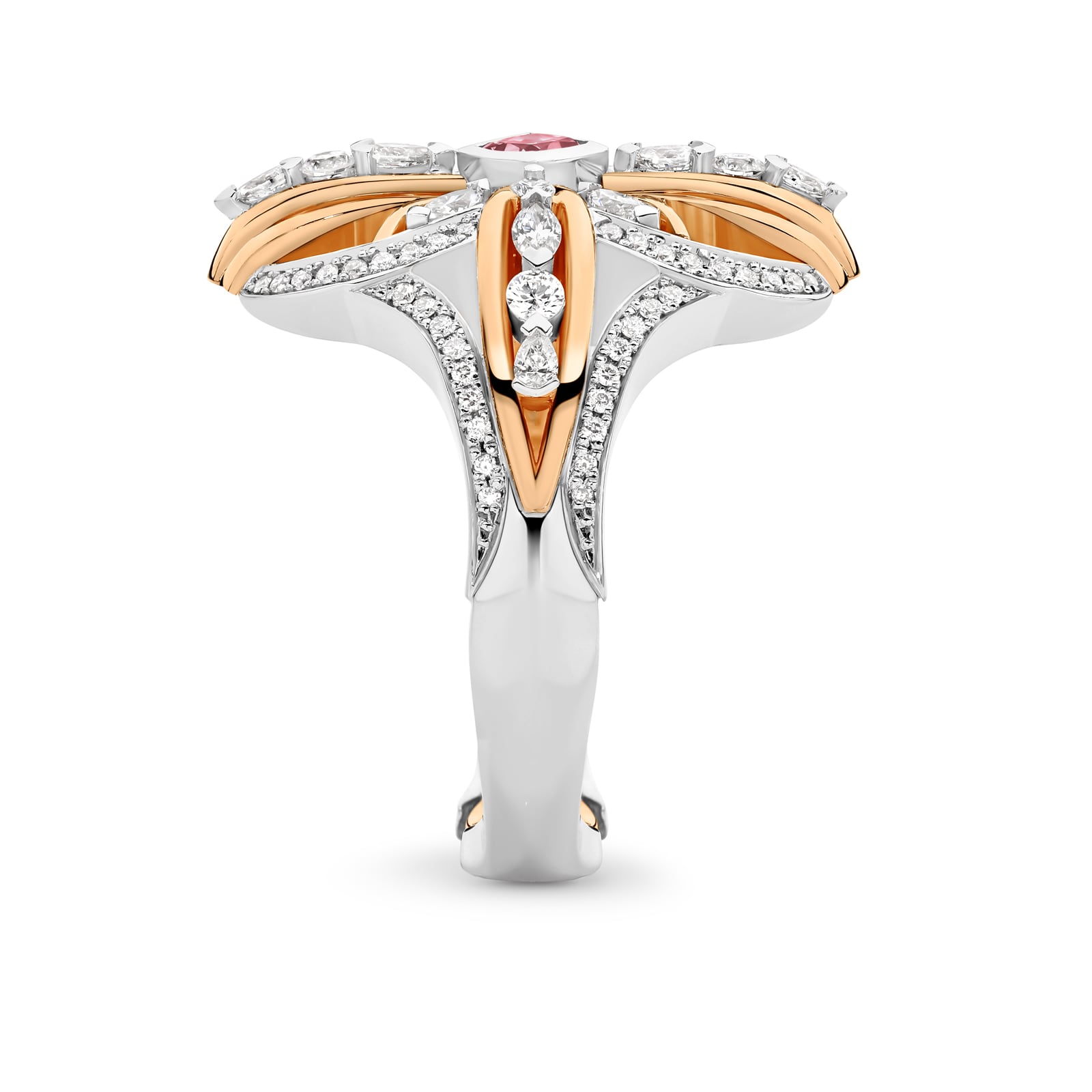 Nareece is a rare natural cushion-cut pink diamond ring set in white and rose gold. She was designed and handcrafted by LeGassick's Master Jewellers, Gold Coast, Australia.