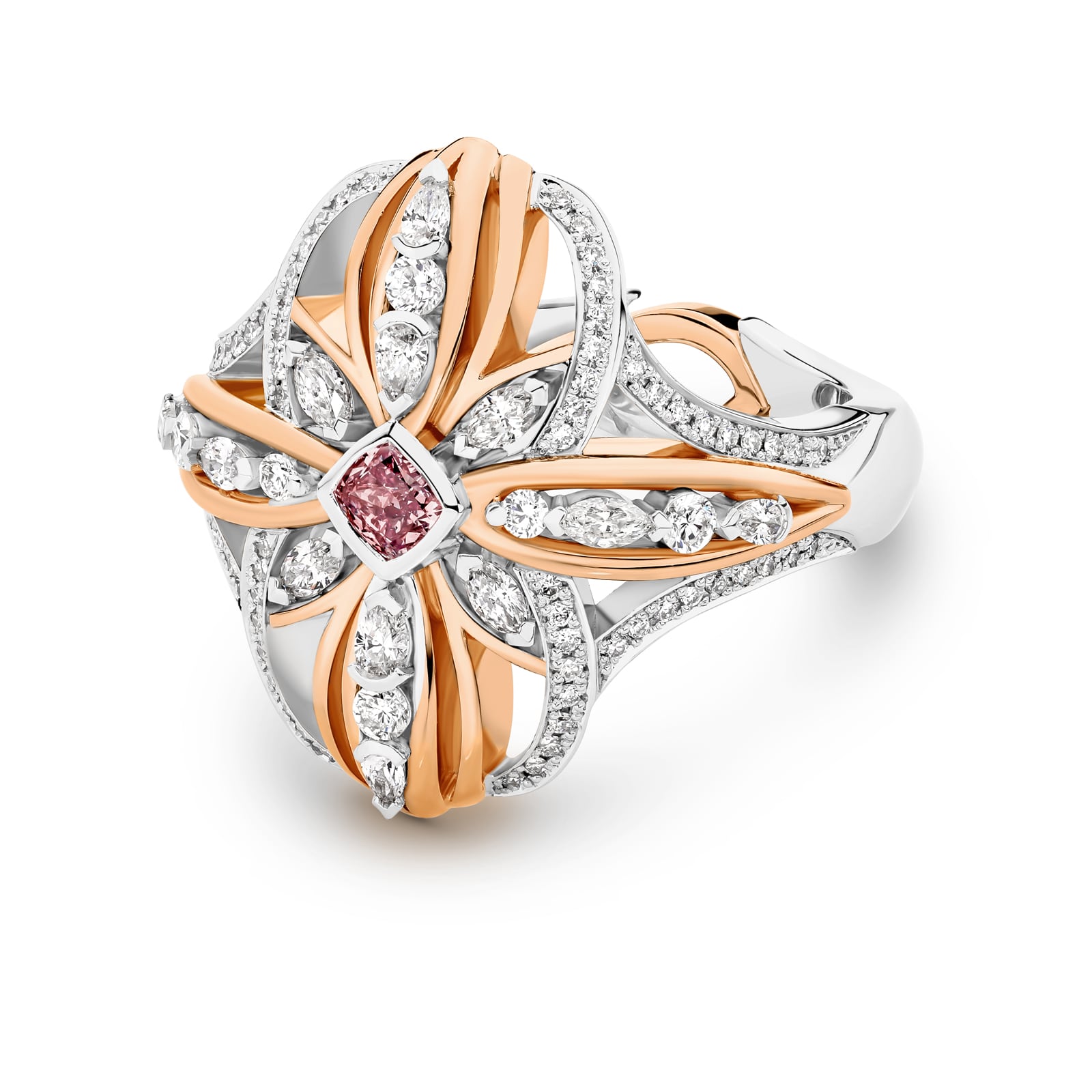 Nareece is a rare natural cushion-cut pink diamond ring set in white and rose gold. She was designed and handcrafted by LeGassick's Master Jewellers, Gold Coast, Australia.