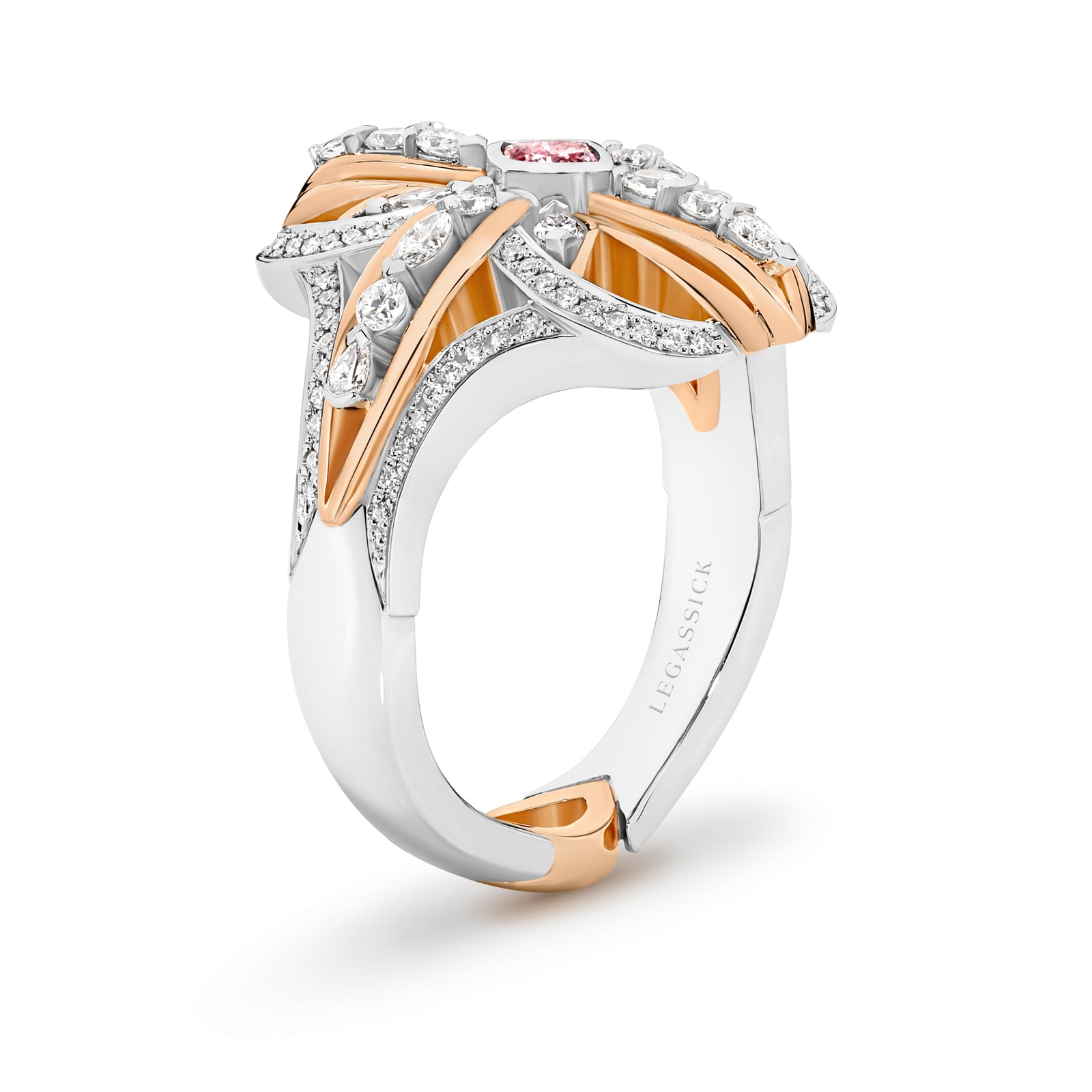 Nareece is a rare natural cushion-cut pink diamond ring set in white and rose gold. She was designed and handcrafted by LeGassick's Master Jewellers, Gold Coast, Australia.