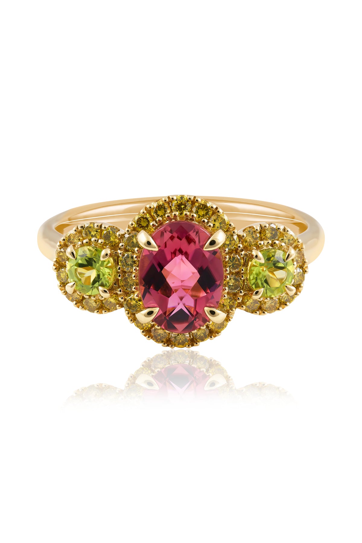 Pink Tourmaline, Peridot & Diamond Ring In Yellow Gold from LeGassick Jewellers.