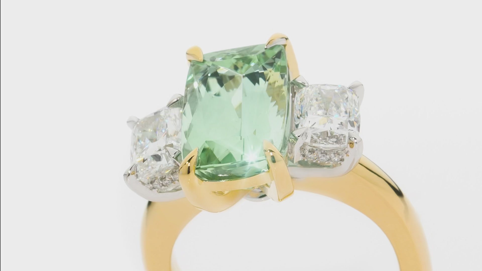 Avalon is a natural 5.06ct mint-green tourmaline and diamond ring set in yellow and white gold. She was designed and handcrafted by LeGassick's Master Jewellers and a member of the Beyond Luxury Collection.