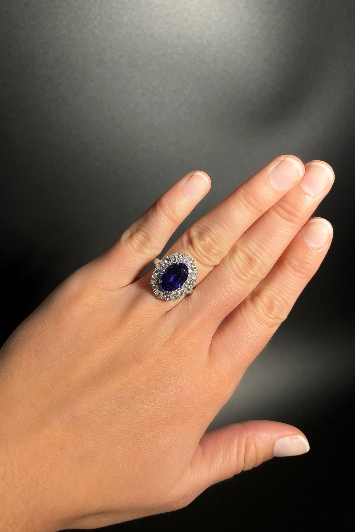 18CT WG 5.80CT OVAL TANZANITE AND DOUBLE DIAMOND HALO RING available at LeGassick Diamonds and Jewellery Gold Coast, Australia.