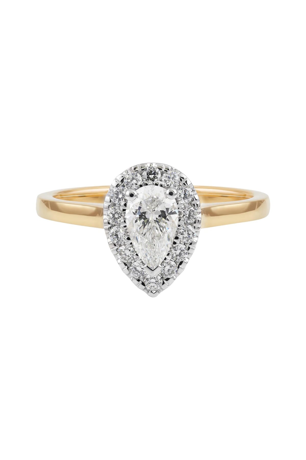 0.40ct Pear Cut Diamond Halo Engagement Ring set in Yellow and White Gold available at LeGassick Diamonds and Jewellery Gold Coast, Australia.