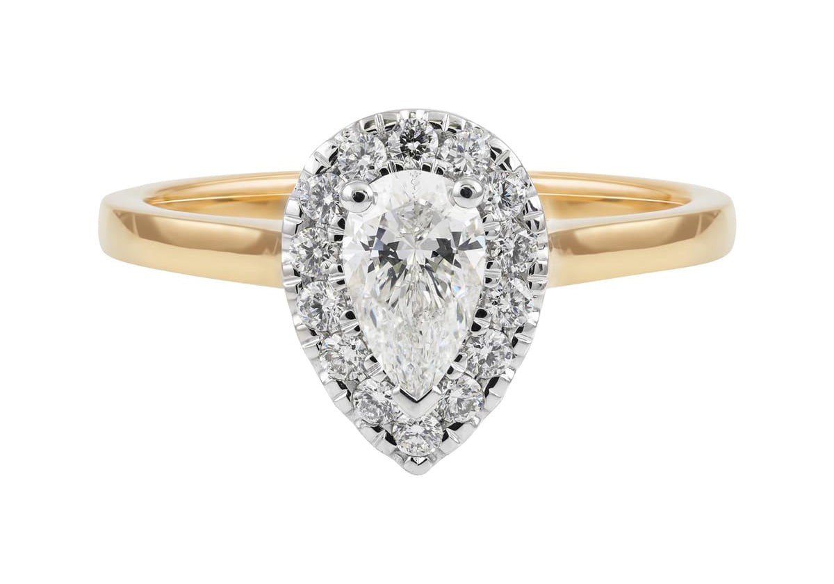0.40ct Pear Cut Diamond Halo Engagement Ring set in Yellow and White Gold available at LeGassick Diamonds and Jewellery Gold Coast, Australia.