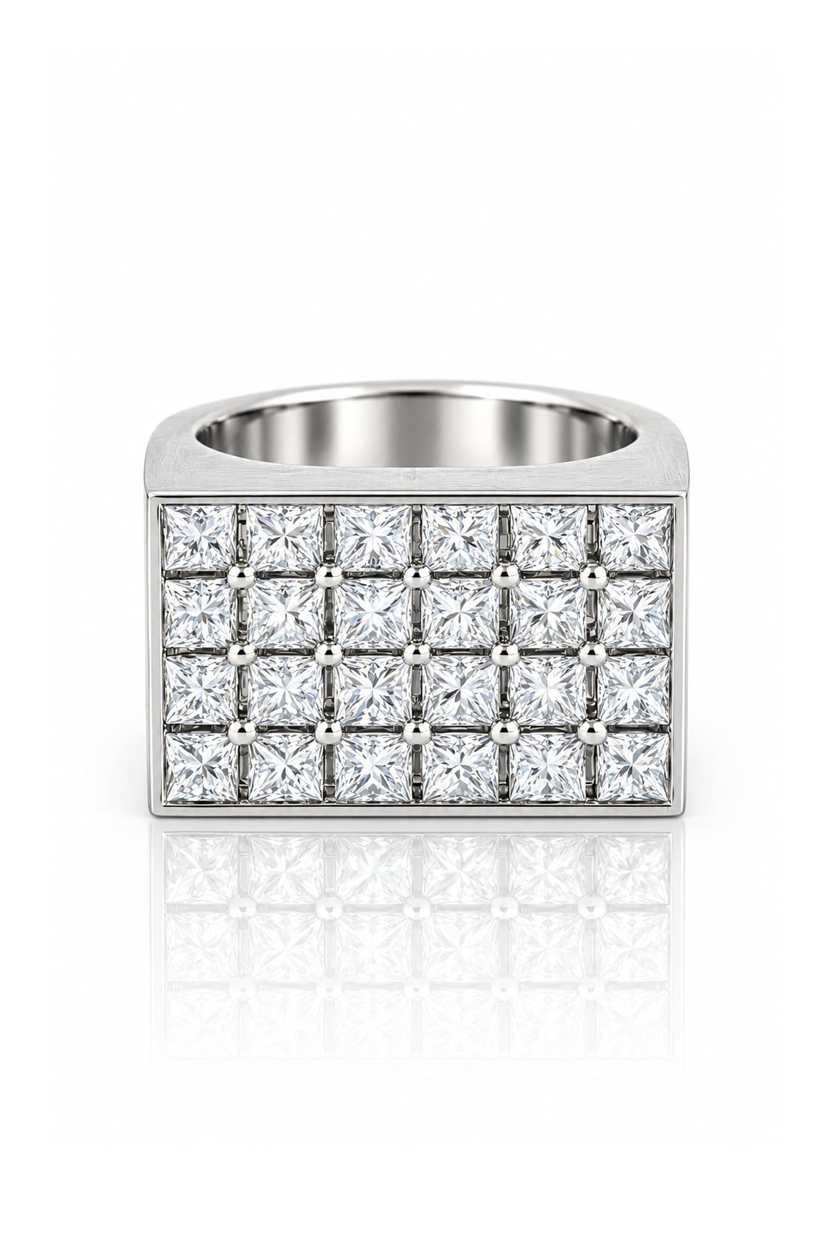 White gold ring with diamond stones on a white background