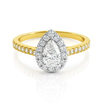 Gold ring with a pear-shaped diamond centre and smaller diamonds on a white background