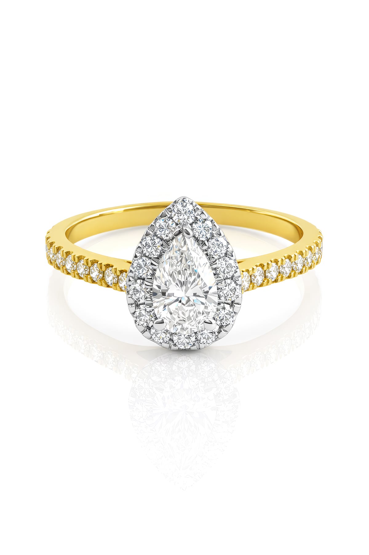 Gold ring with a pear-shaped diamond centre and smaller diamonds on a white background