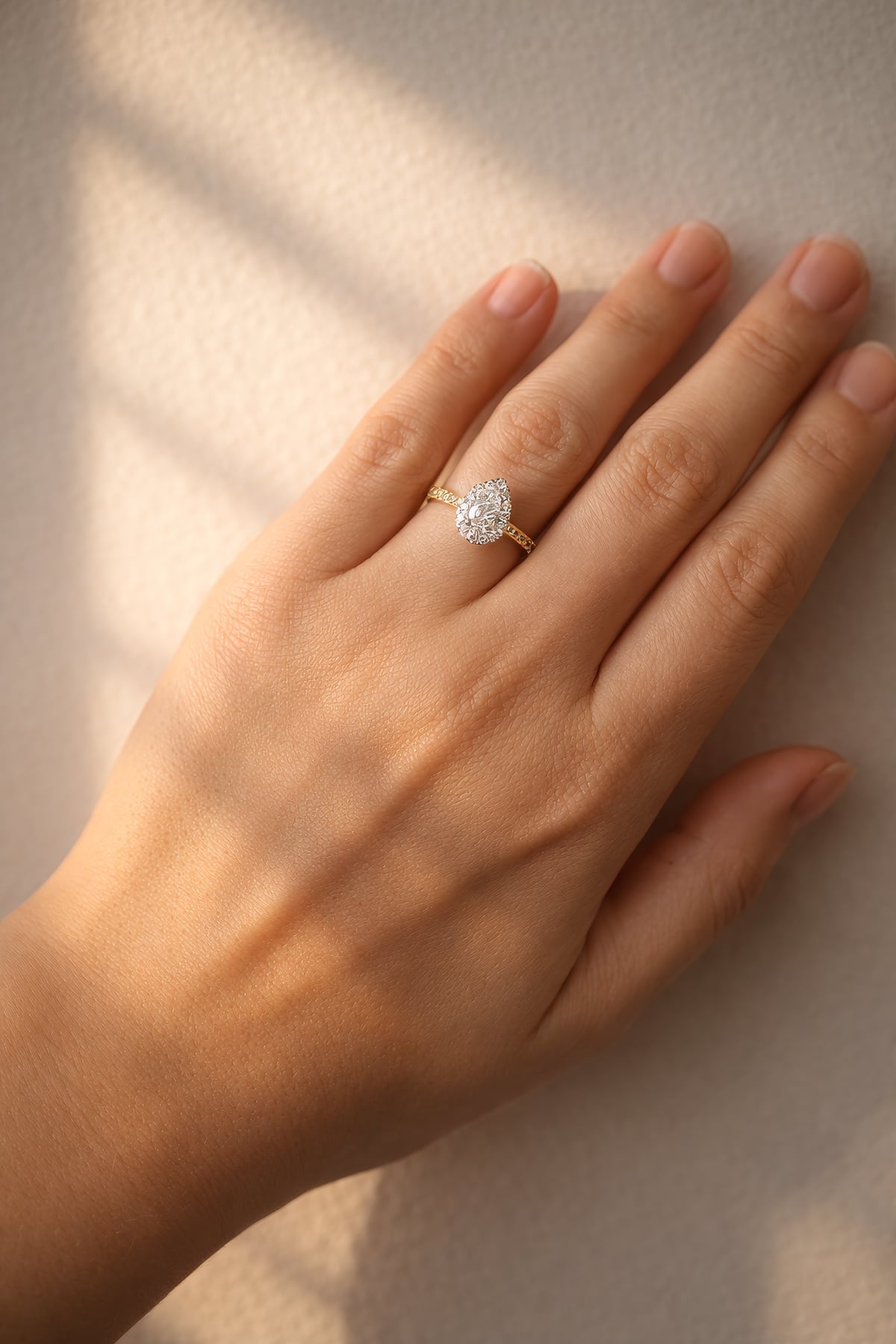 Pear Diamond Halo Ring set in 18ct Yellow & White Gold