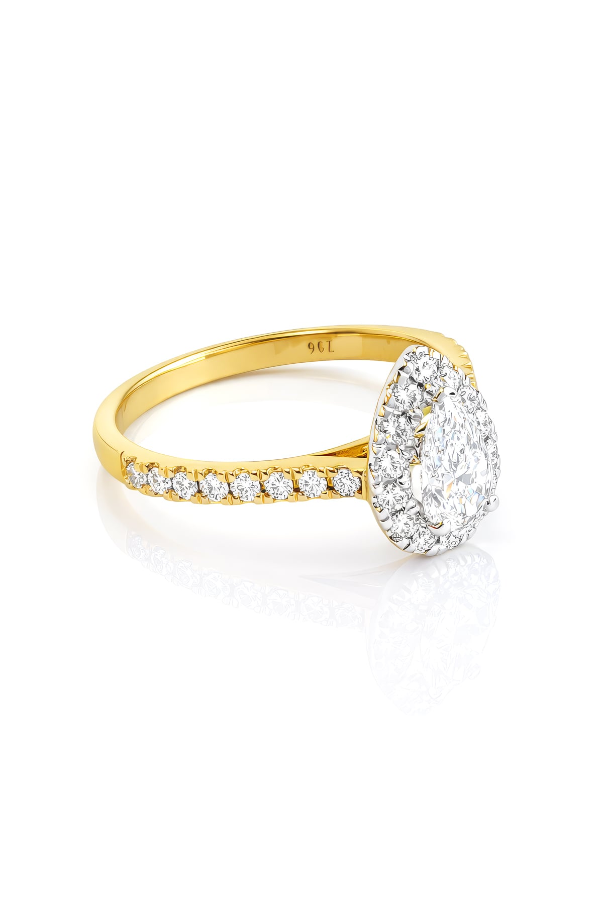 Gold ring with a diamond halo on a white background