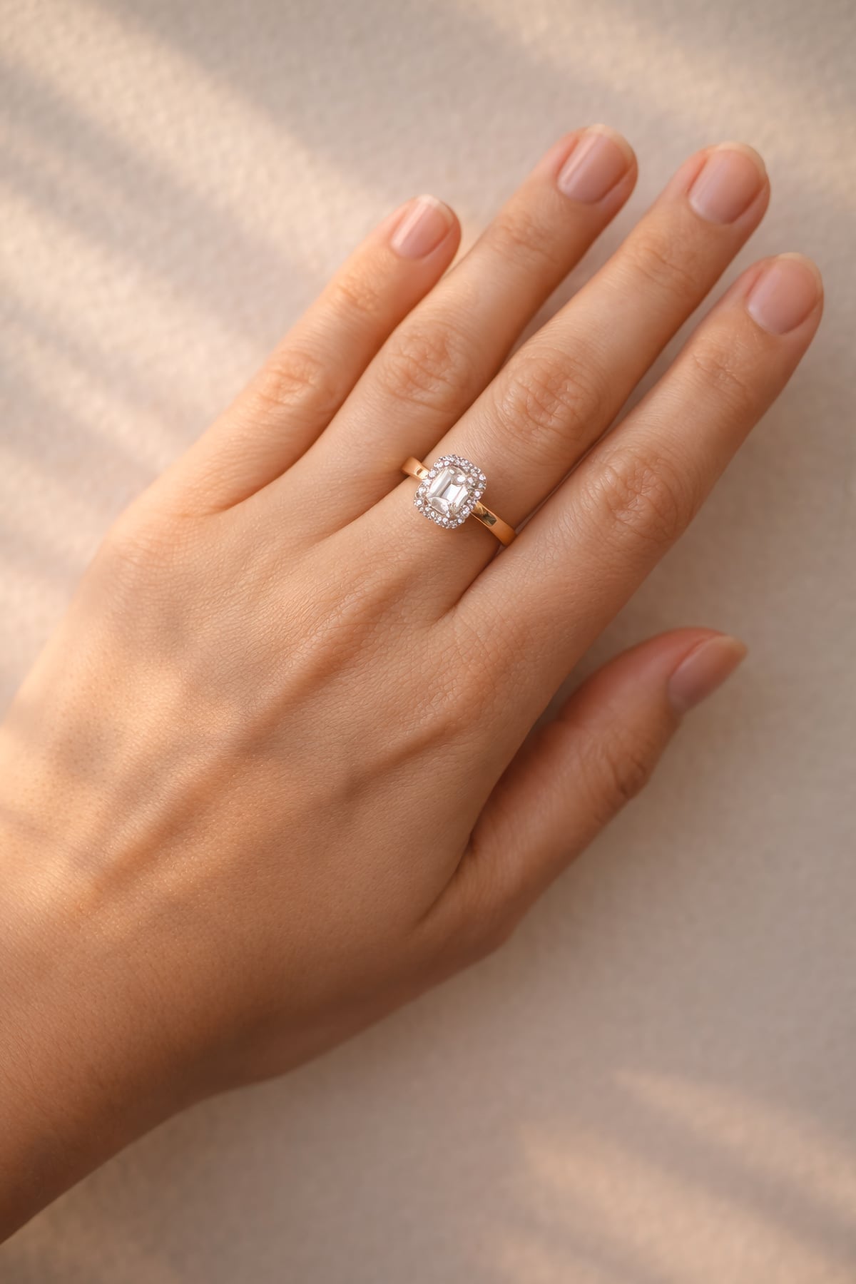 Hand wearing a gold ring with a diamond on a neutral background at LeGassick.