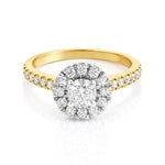 Gold ring with a diamond halo on a white background