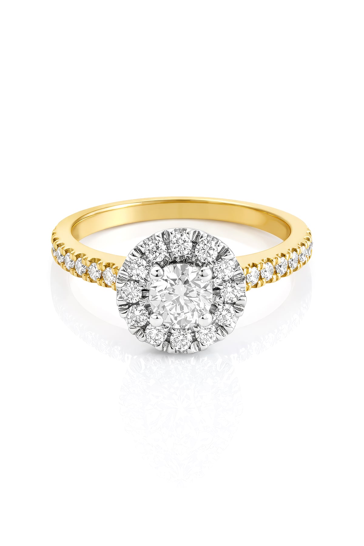 Gold ring with a diamond halo on a white background