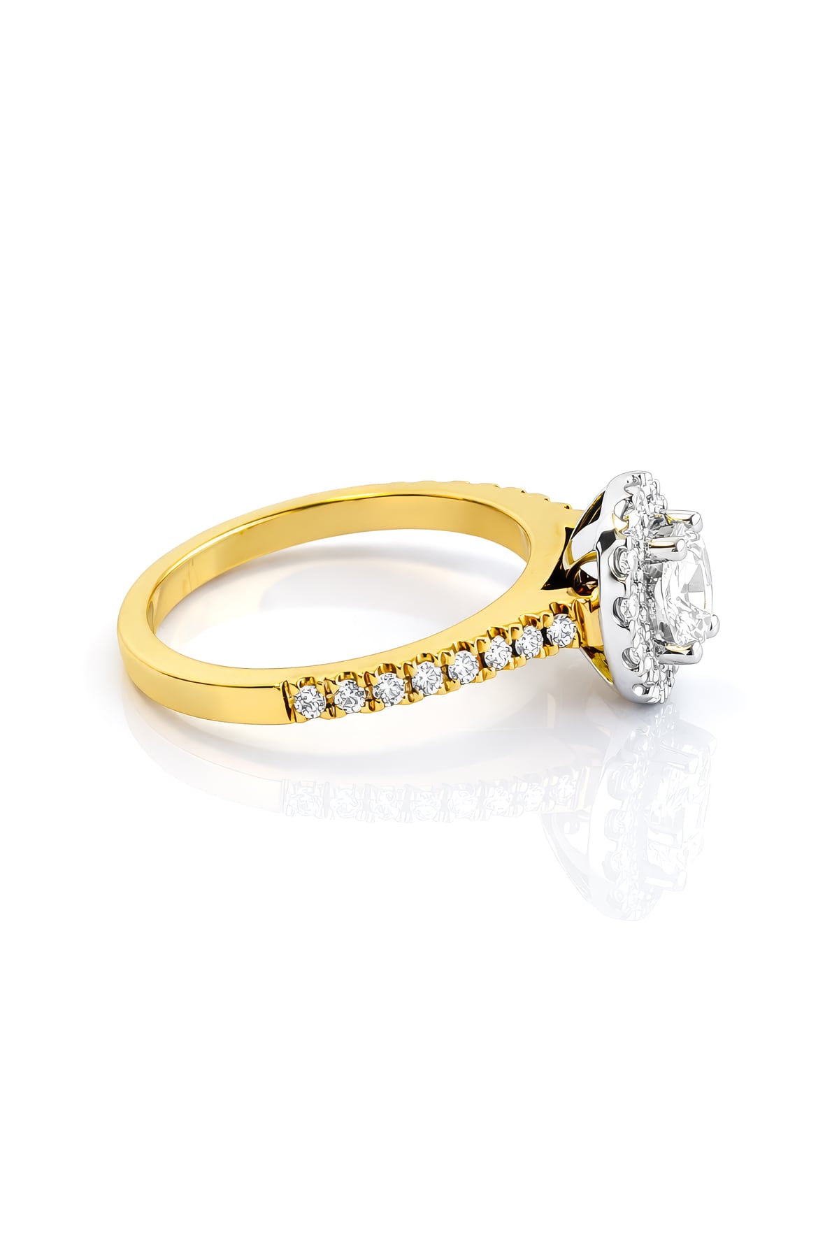 Gold ring with a diamond halo on a white background