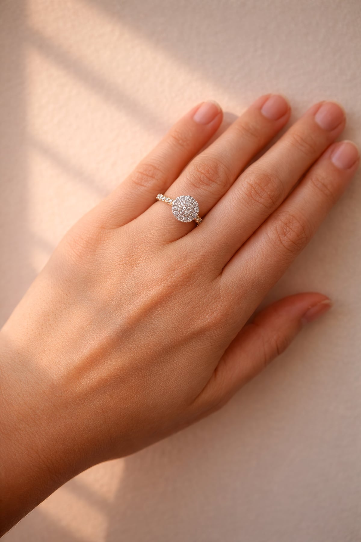 Hand wearing a diamond ring on a neutral background