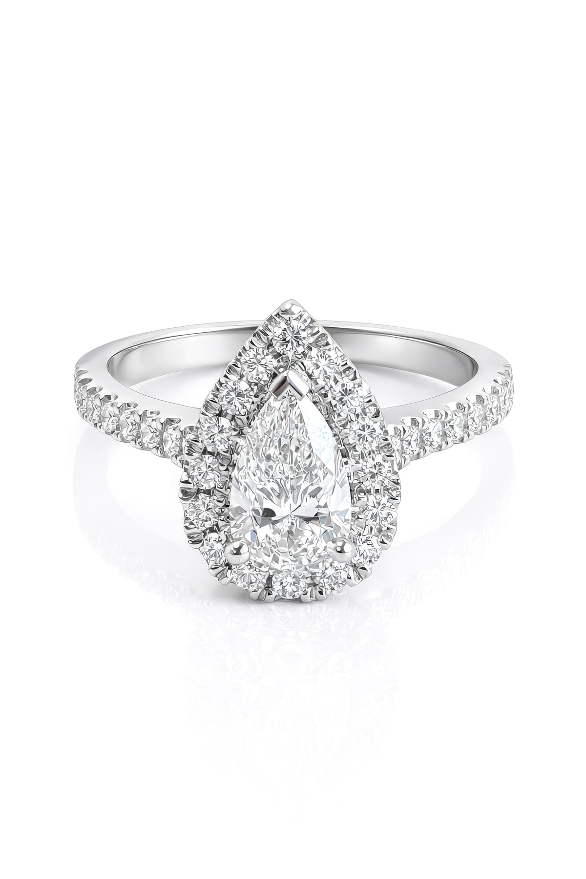 Diamond ring with a pear-shaped centre stone and diamond halo on a white background