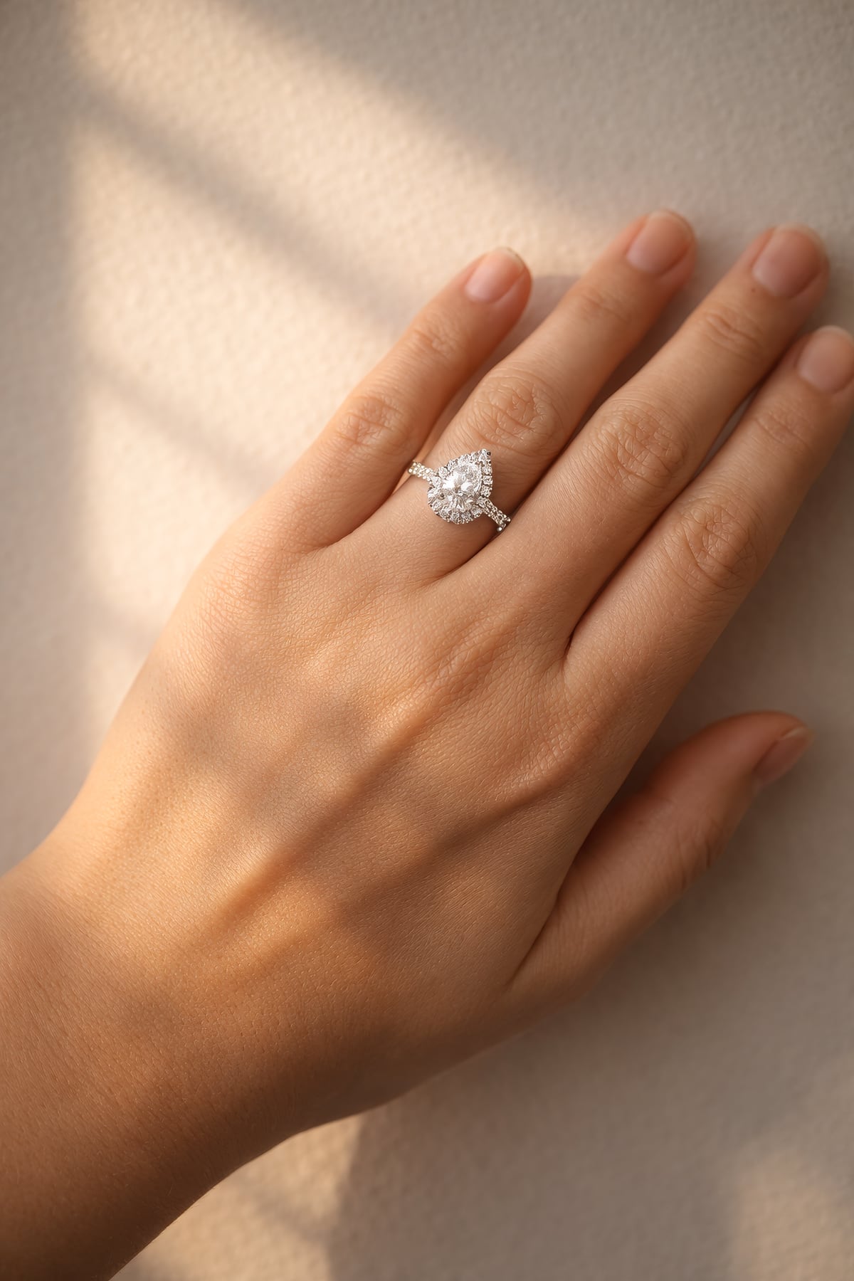 Diamond ring with a pear-shaped centre stone and diamond halo on a lady's hand