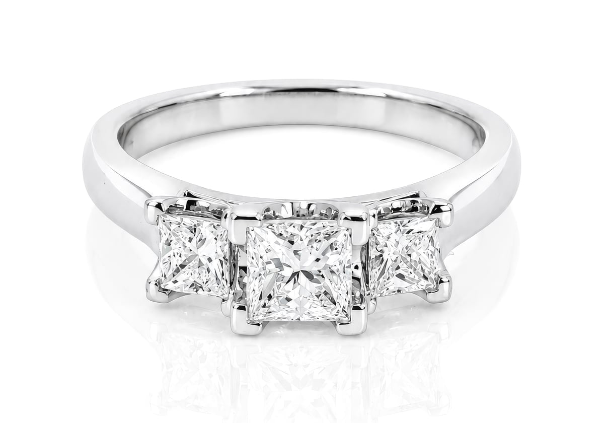 Princess Cut Diamond Trilogy Ring in 18ct White Gold on a white background
