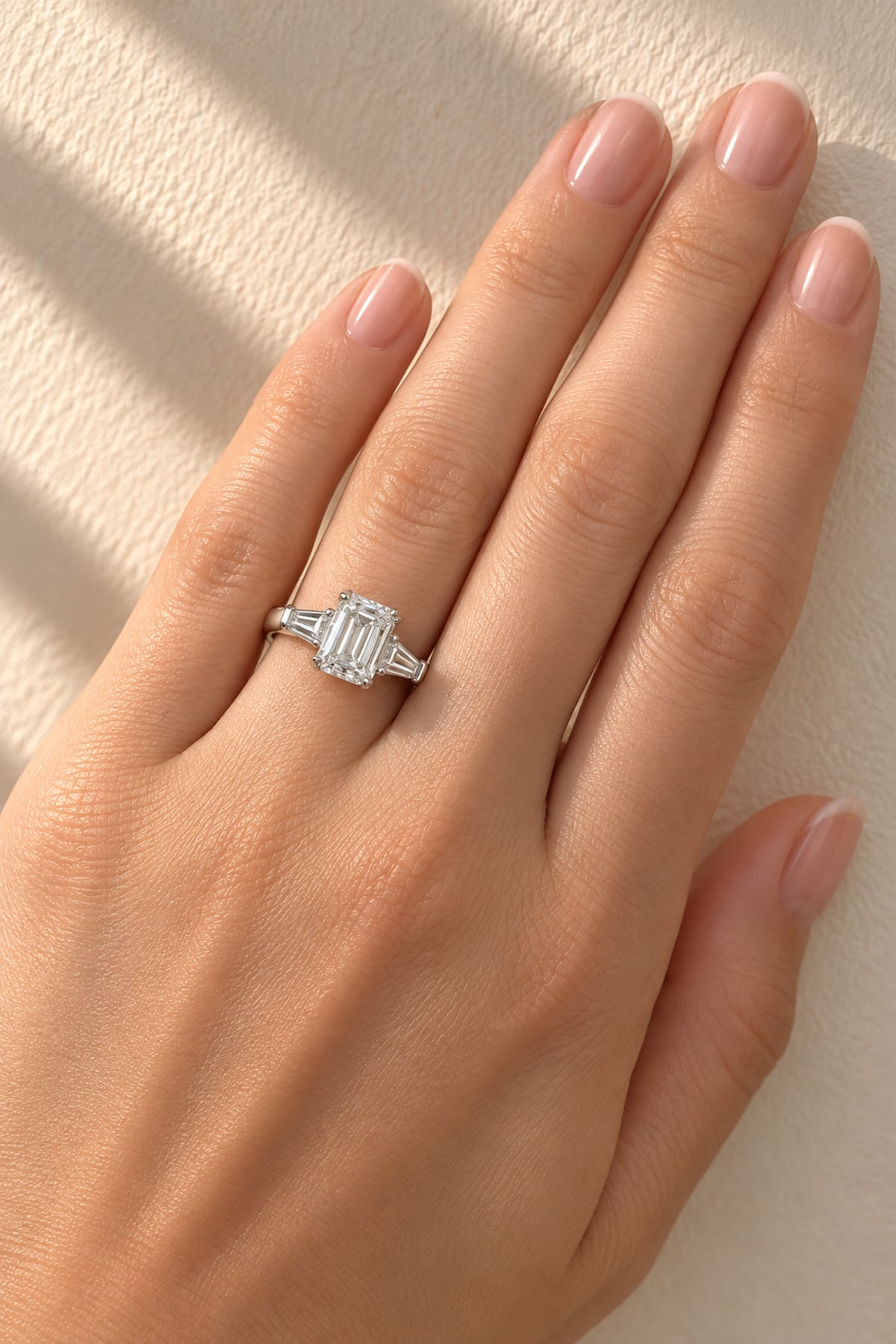 Hand wearing a diamond ring with a light grey background at LeGassick.