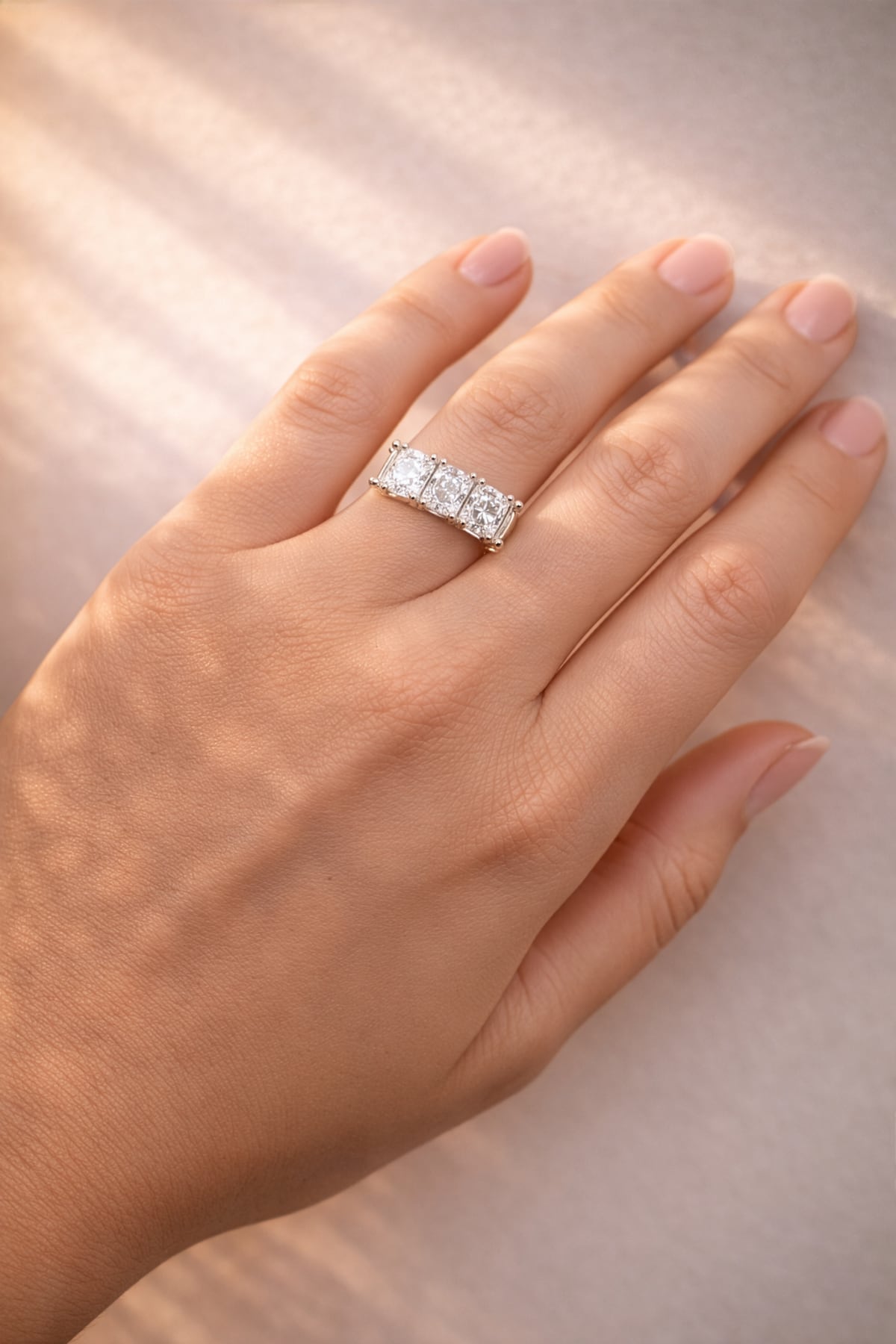 5 Stone gold and lab diamond ring on a a lady's hand