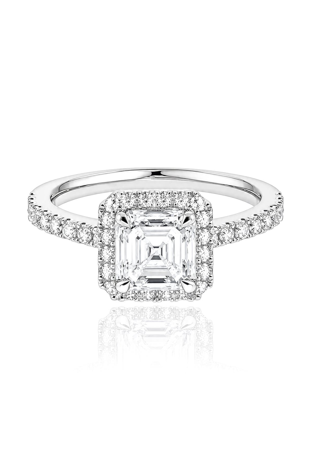 Platinum Asscher Cut Diamond Halo Ring at LeGassick on a white background.