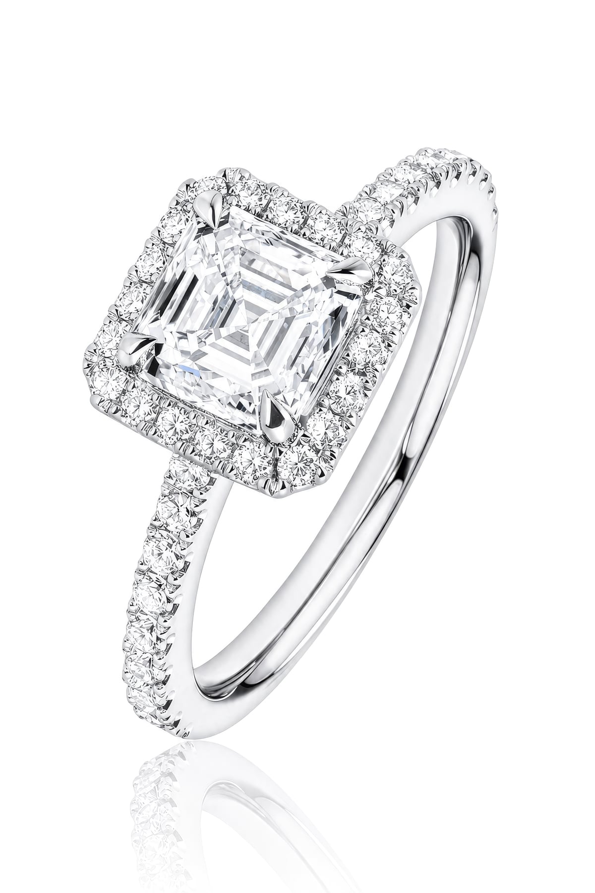 Platinum Asscher Cut Diamond Halo Ring at LeGassick.