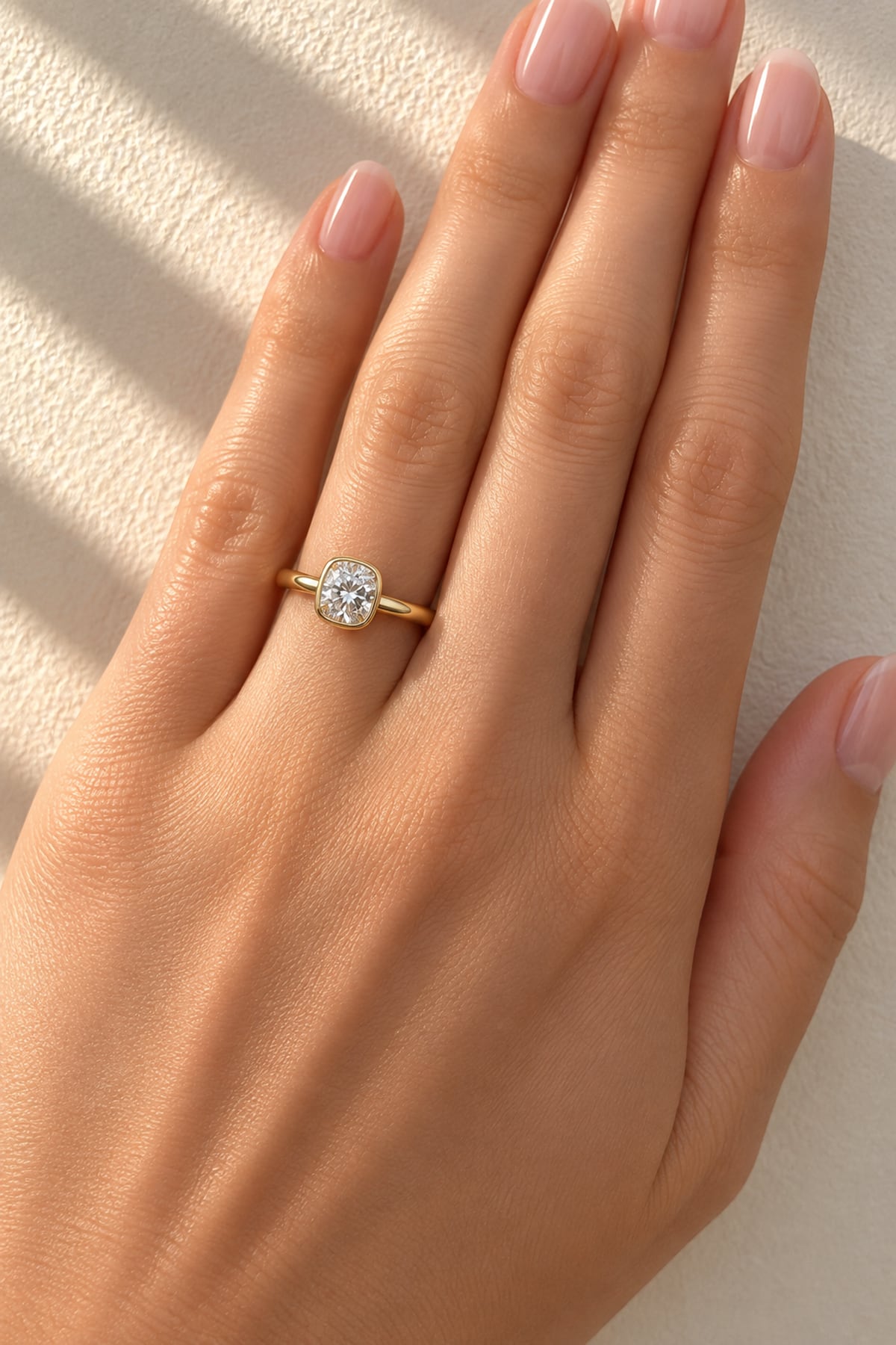 Hand wearing a gold ring with a diamond on a light gray background at LeGassick.
