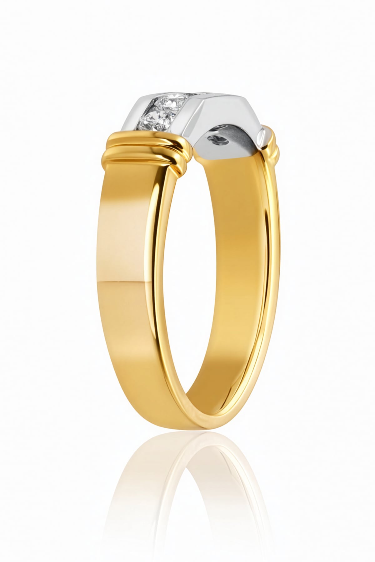 Gold ring with a diamond on a white background