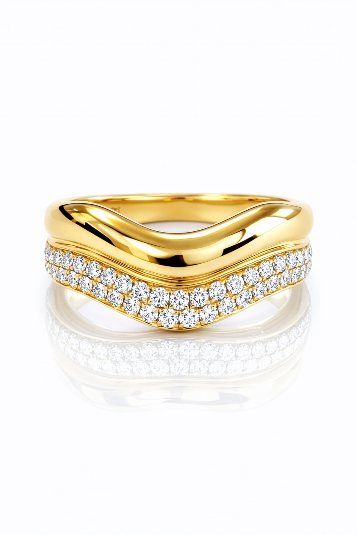 Gold ring with diamond accents on a white background