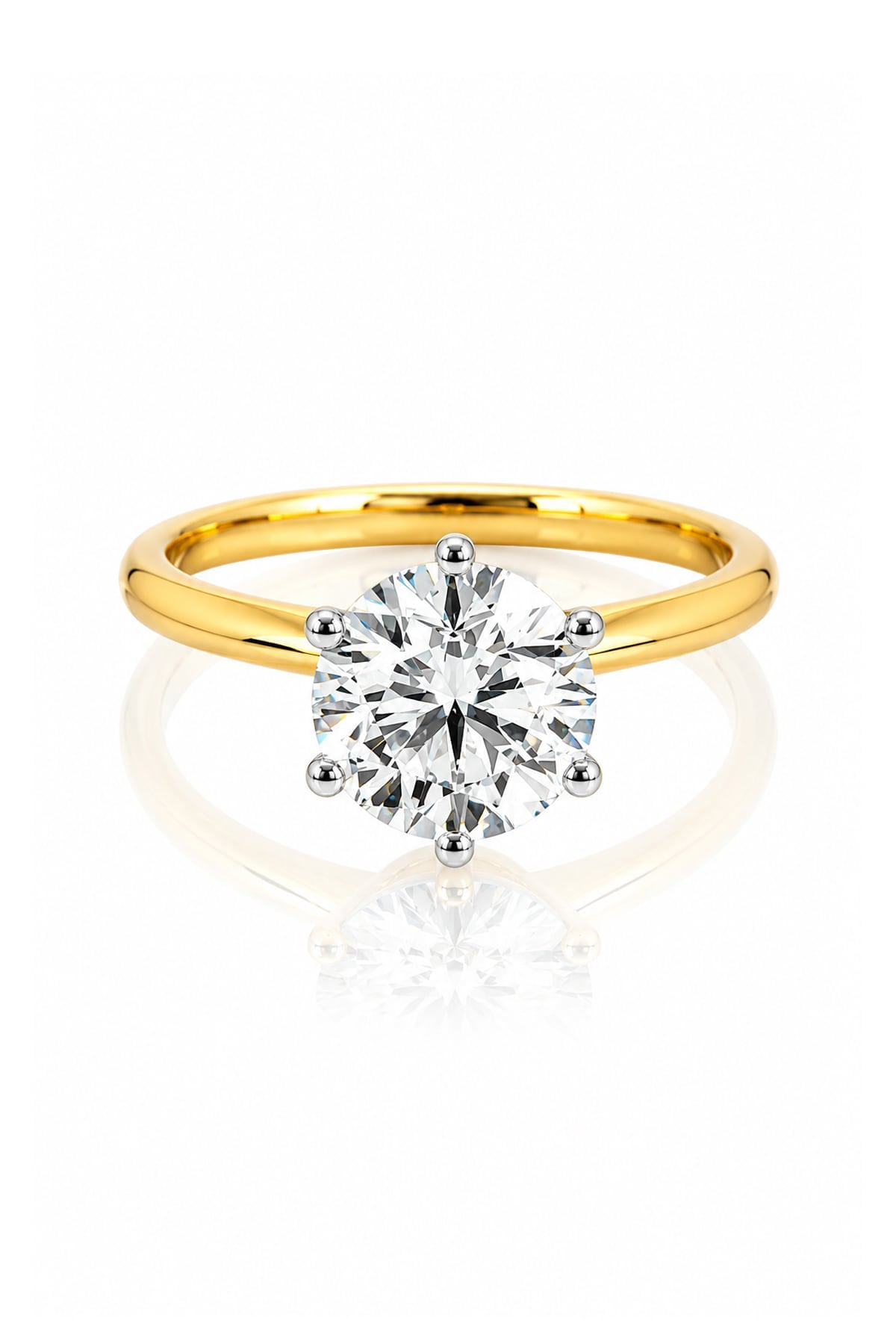 A classic solitaire engagement ring featuring a round brilliant-cut diamond set in a polished yellow gold band, presented on a clean white background with a soft reflection below.