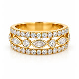 Marquise & Round Brilliant Cut Diamond Three Row Dress Ring in Yellow Gold