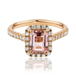 Emerald Cut Morganite & Diamond Halo Ring set in 18ct Rose Gold
