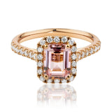 Emerald Cut Morganite & Diamond Halo Ring set in 18ct Rose Gold
