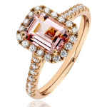 Emerald Cut Morganite & Diamond Halo Ring set in 18ct Rose Gold