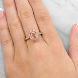 Emerald Cut Morganite & Diamond Halo Ring set in 18ct Rose Gold