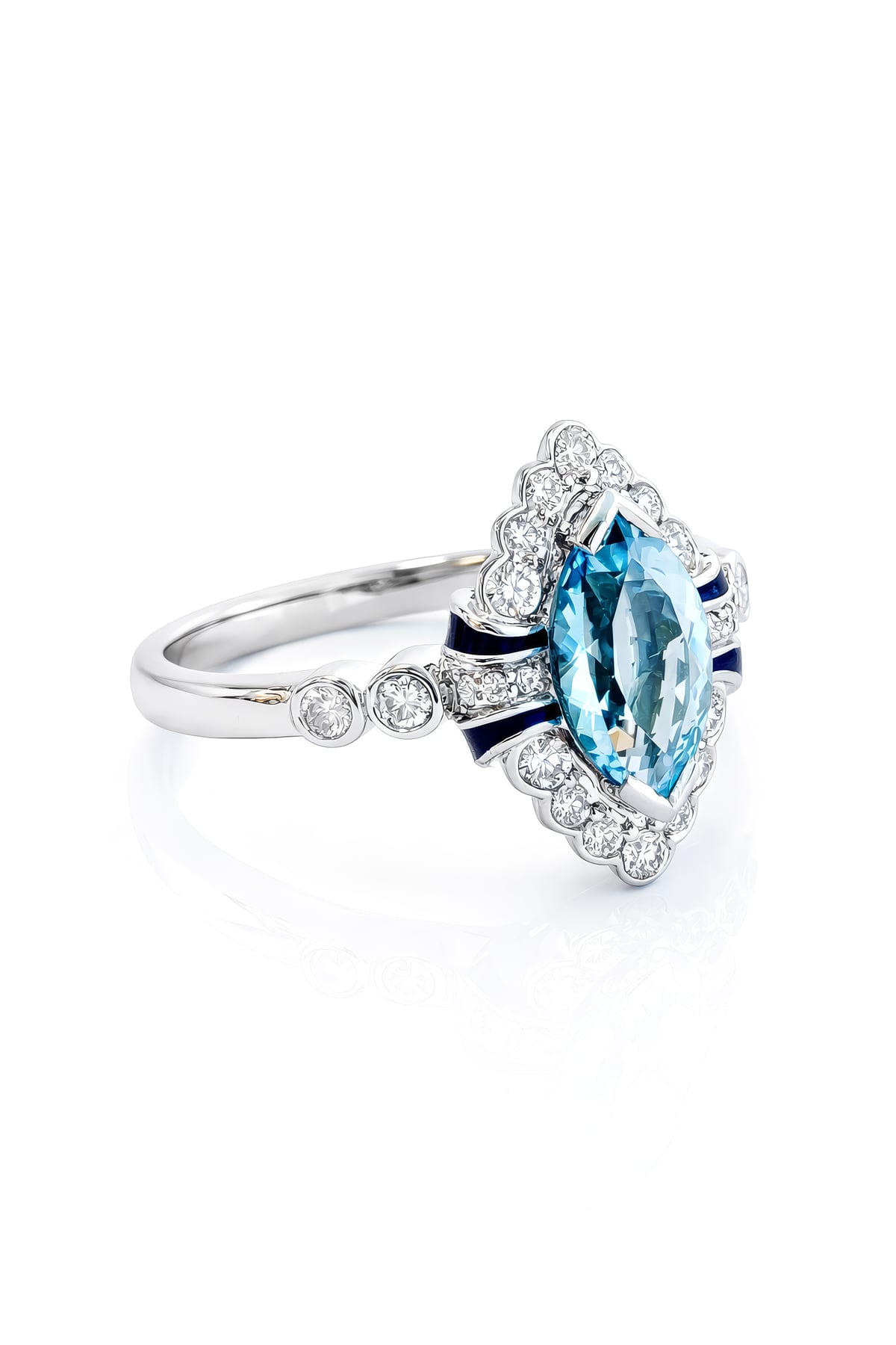 Marquise Aquamarine & Diamond Vintage Ring in 18ct White Gold on white background