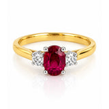 Oval Ruby & Diamond Three Stone Ring in Yellow & White Gold
