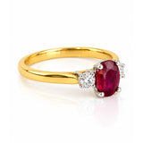 Oval Ruby & Diamond Three Stone Ring in Yellow & White Gold