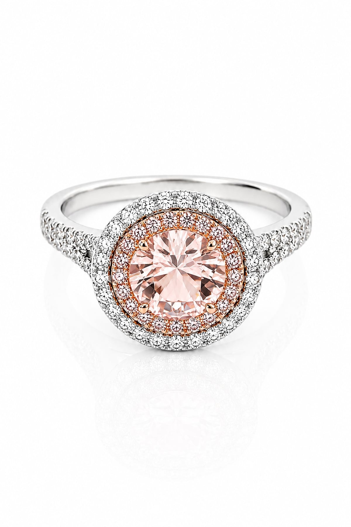 A Rose Pink Morganite & Pink Diamond Dress Ring in 18ct White & Rose Gold on a white background
