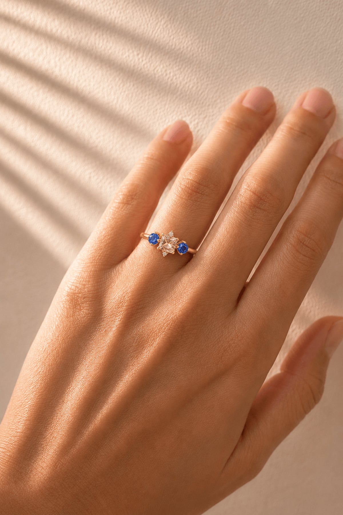 Morganite, Blue Sapphire & Diamond Dress Ring in 9ct Yellow Gold from LeGassick.