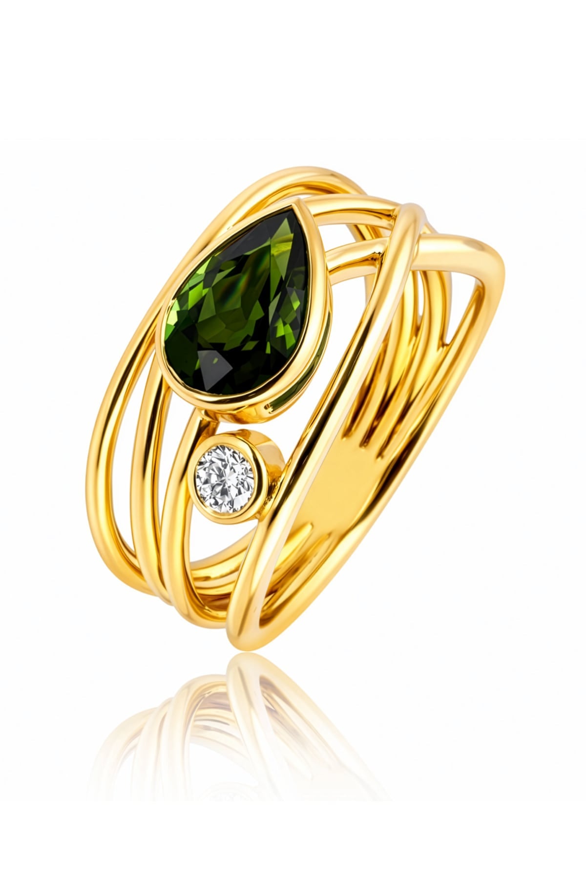 Gold ring with green gemstone and smaller diamond on a white background at LeGassick.
