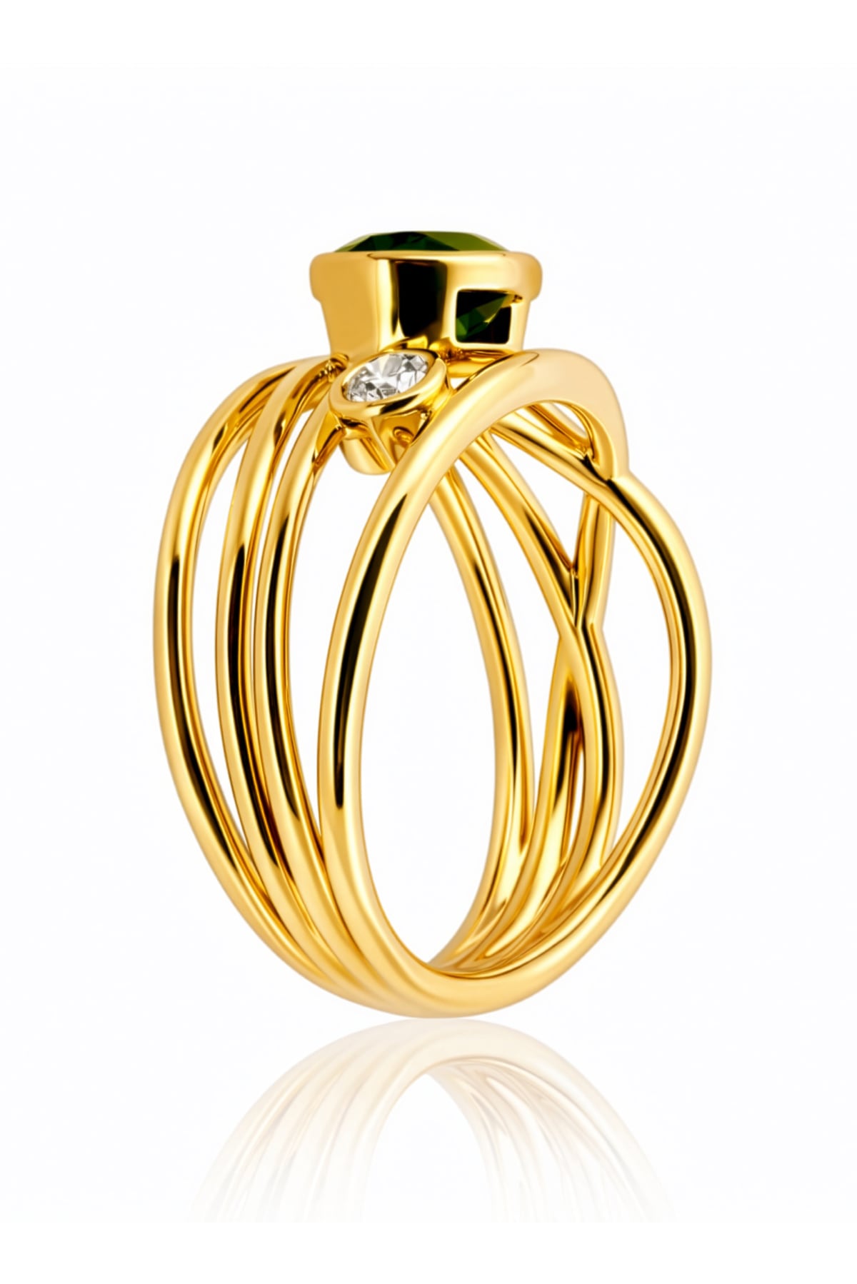 Gold ring with green gemstone and smaller diamond on a white background at LeGassick.