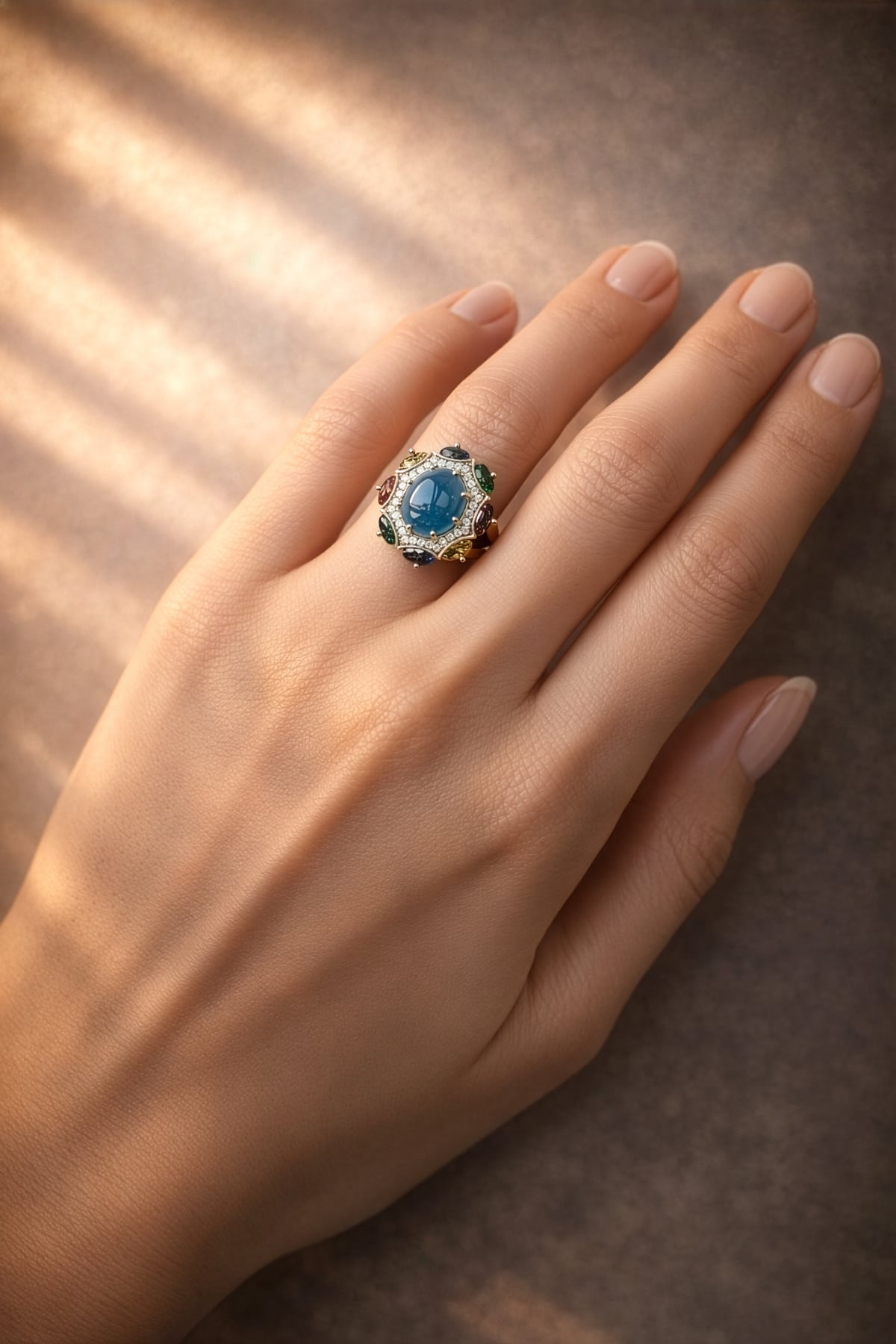 Ring with a blue gemstone on a hand against a brown background