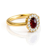 Cabochon Ruby & Diamond Halo Ring set in 18ct Yellow Gold